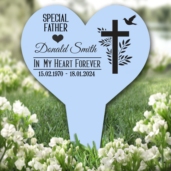 Heart Father Leaves Cross Blue Remembrance Garden Plaque Grave Memorial Stake