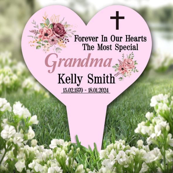 Heart Grandma Floral Pink Remembrance Garden Plaque Grave Marker Memorial Stake