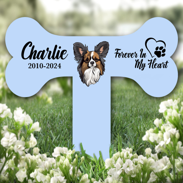 Bone Blue Papillon Dog Heart Pet Remembrance Grave Garden Plaque Memorial Stake