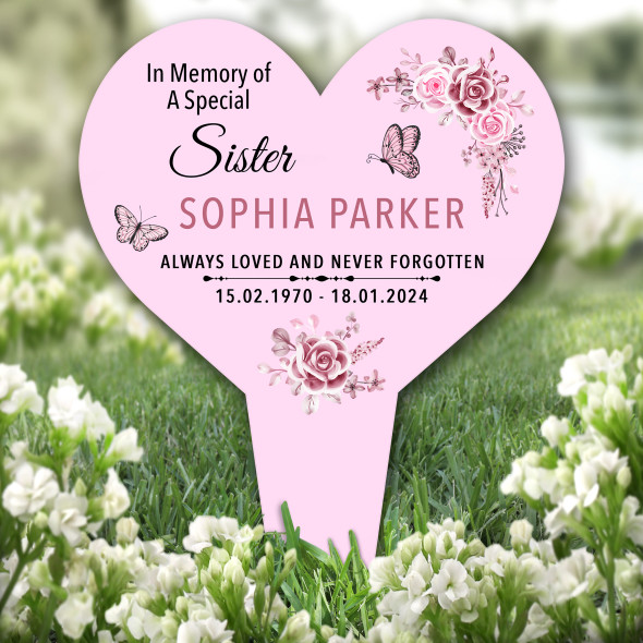 Heart Sister Butterflies Pink Remembrance Garden Plaque Grave Memorial Stake