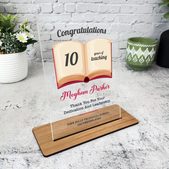 Teacher 10 Years Service 10th Anniversary Book Gift Employee Personalised Plaque