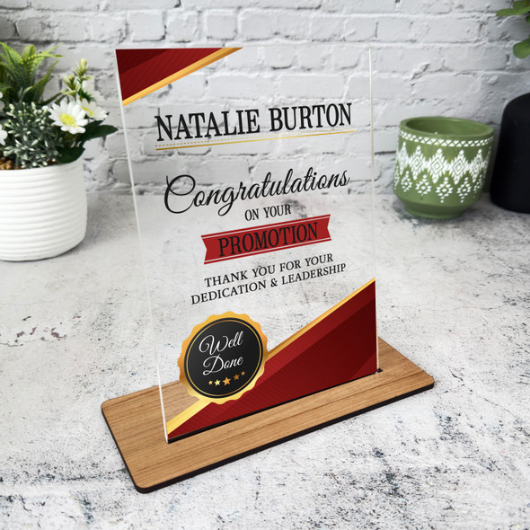 Work Promotion Congratulations Gold Red Gift Employee Personalised Gift Plaque