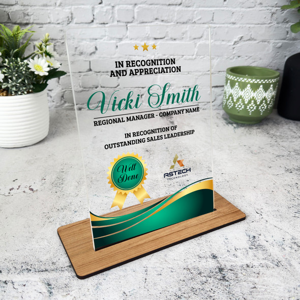 Recognition Appreciation Award Gold Green Gift Employee Personalised Gift Plaque