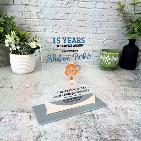 15 Years Of Service 15th Anniversary Ginger Hair Nurse Gift For Employee Plaque