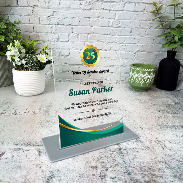 25 Years Service 25th Anniversary Gold Green Gift Employee Personalised Plaque