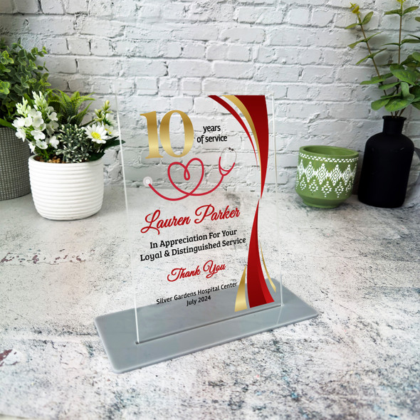 Doctor Nurse 10 Years Service 10th Anniversary Gold Red Gift Employee Plaque