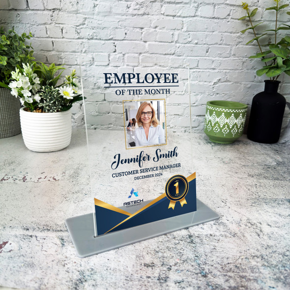 Employee Of The Month Navy Gold Photo Gift Employee Personalised Gift Plaque