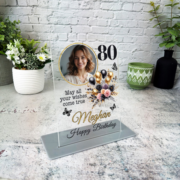 80th Birthday Gift For Her Black Gold Balloons Pink Photo Personalised Plaque