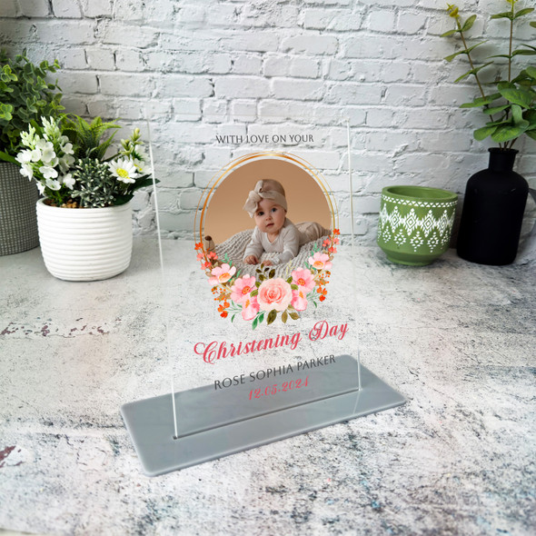 Christening Gift Pink Floral Photo Custom Personalised Gift Acrylic Plaque