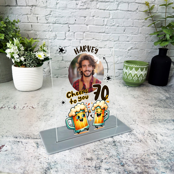 70th Birthday Gift Happy Beer Glasses Photo Personalised Gift Acrylic Plaque