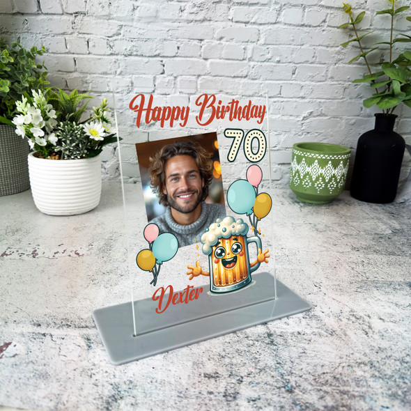 70th Birthday Gift Happy Beer Glass Balloons Photo Personalised Gift Plaque