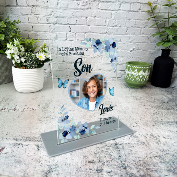 Son Blue Floral Heart Photo Memorial Keepsake Gift Personalised Gift Plaque