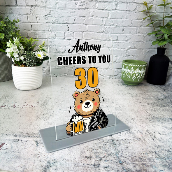 30th Birthday Gift Cool Bear Holding Beer Personalised Gift Acrylic Plaque