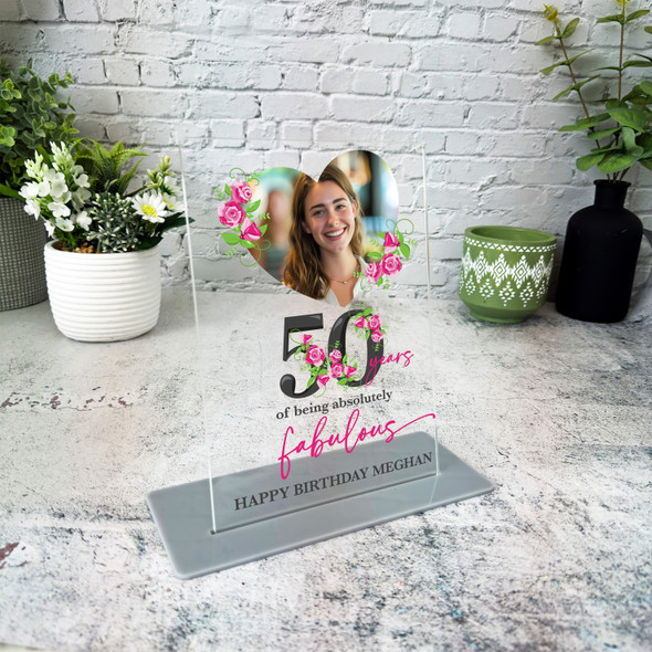 50th Birthday Gift Pink Roses Heart Photo Personalised Gift Acrylic Plaque