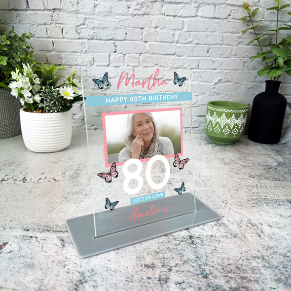 80th Birthday Gift Female Butterfly Photo Personalised Gift Acrylic Plaque