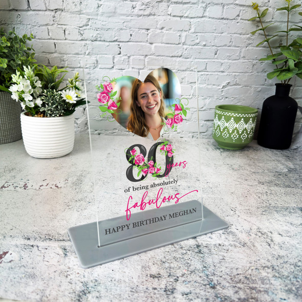 80th Birthday Gift Pink Roses Heart Photo Personalised Gift Acrylic Plaque