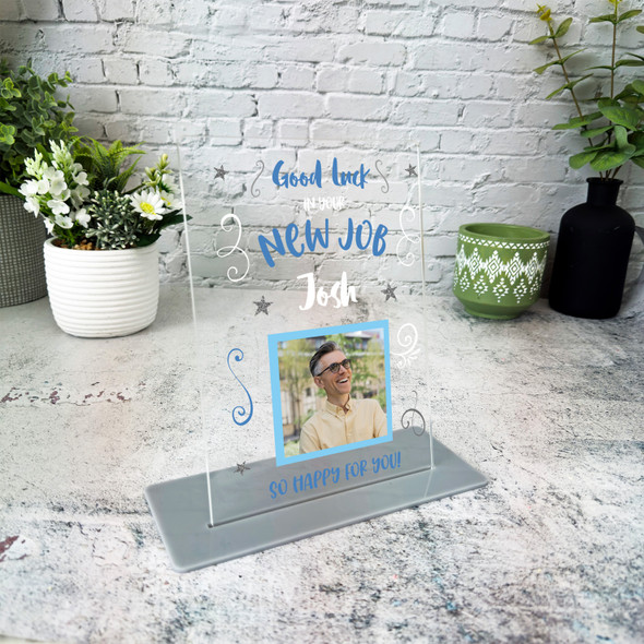 Good Luck In Your New Job Gift Blue Photo Personalised Gift Acrylic Plaque