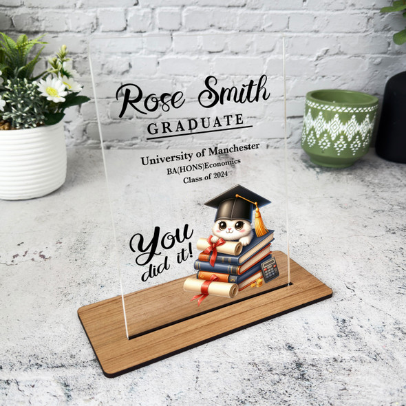 Graduation Gift Books With Cute Cat Graduation Hat Personalised Acrylic Plaque