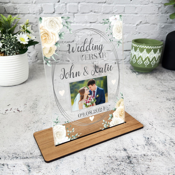 Wedding Anniversary Gift White Flower Photo Personalised Acrylic Plaque