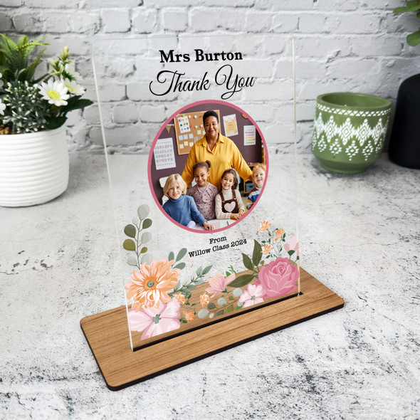 Thank You Teacher Gift Floral Round Photo Personalised Acrylic Plaque