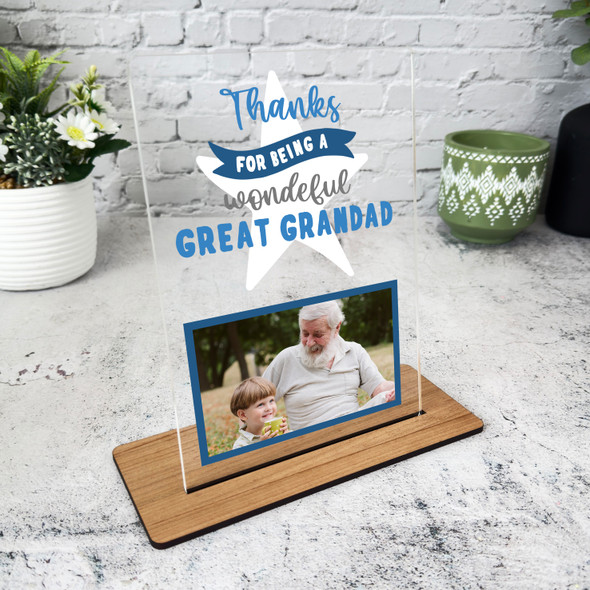 Thanks For Being A Great Grandad Gift Blue Photo Personalised Acrylic Plaque