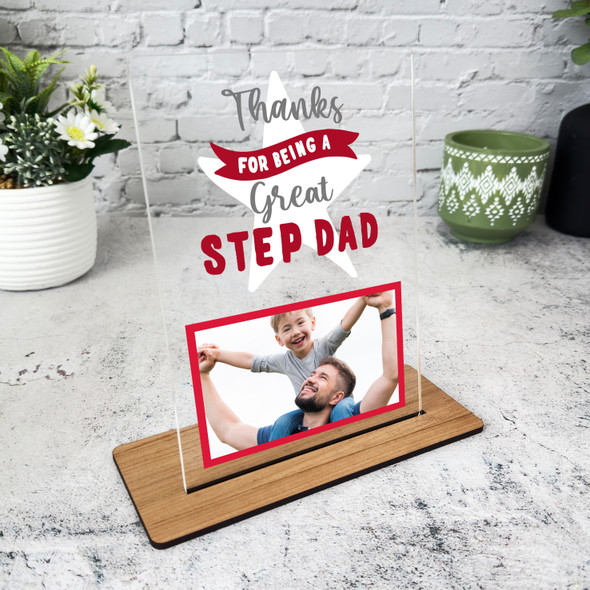 Thanks For Being A Great Step Dad Gift Red Photo Personalised Acrylic Plaque