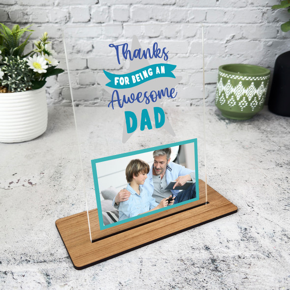 Thanks For Being An Awesome Dad Gift Blue Photo Personalised Acrylic Plaque