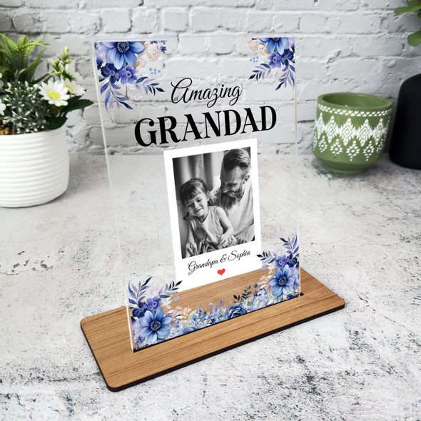 Grandfather Gift For Grandad Blue Floral Photo Personalised Acrylic Plaque