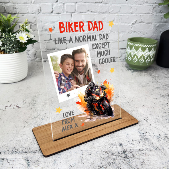 Biker Motorbike Gift For Dad Orange Photo Personalised Acrylic Plaque