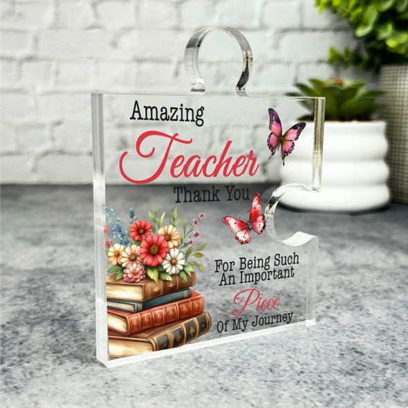 Thank You Teacher Present Floral Retro Books Puzzle Plaque Keepsake Gift