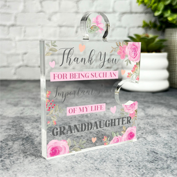 Granddaughter Thank You Important Piece Pink Flower Puzzle Plaque Keepsake Gift