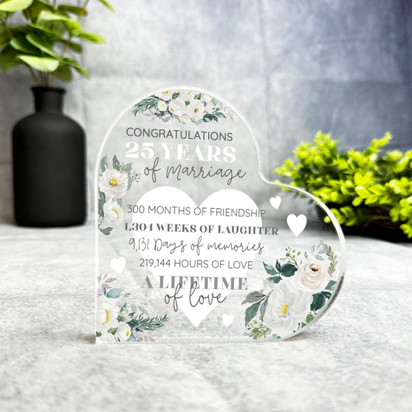 25 Years 25th Wedding Anniversary White Flower Heart Plaque Keepsake Gift