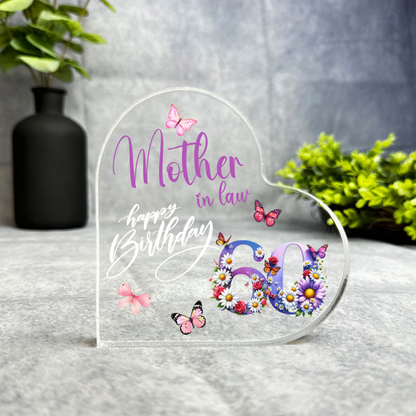 Mother-In-Law 60th Birthday Present Purple Floral Heart Plaque Keepsake Gift