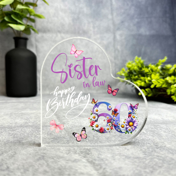 Sister-In-Law 60th Birthday Present Purple Floral Heart Plaque Keepsake Gift