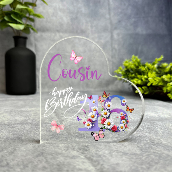 Cousin 16th Purple Chamomile Floral Birthday Present Heart Plaque Keepsake Gift