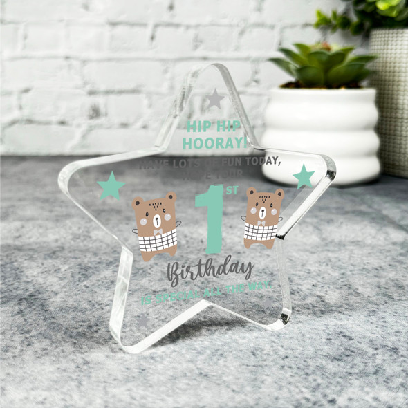 1st Birthday Present Boy Bear Open Birthday Present Star Plaque Keepsake Gift