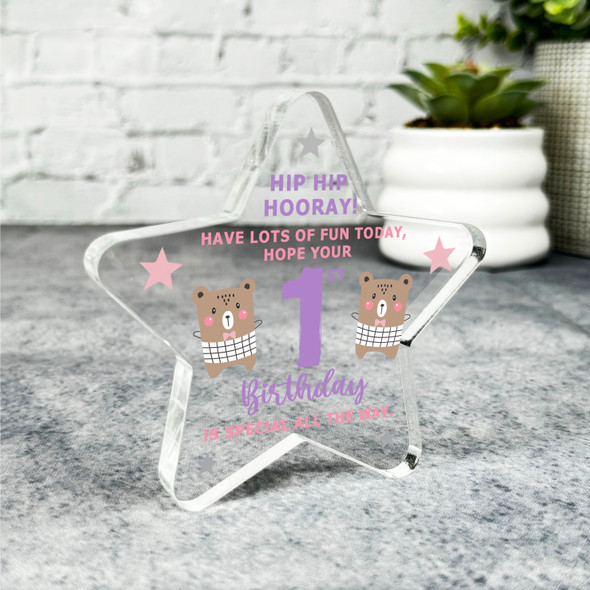 1st Birthday Present Girl Bear Open Birthday Present Star Plaque Keepsake Gift