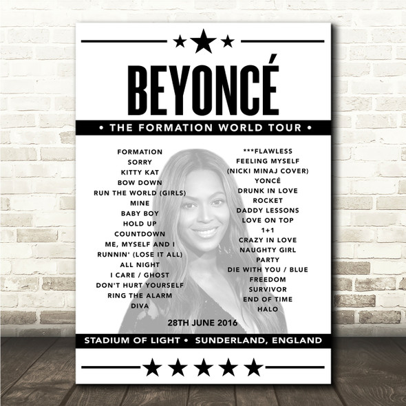 Beyonce - Concert Setlist Poster Print Canvas - Stadium of Light, Sunderland, England - June 28th 2016