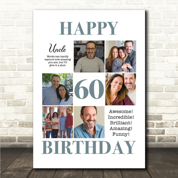 Photo Collage 60th Birthday Gift For Uncle 6-Photo Portrait Print Or Canvas