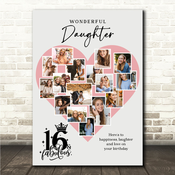 Photo Collage 16th Birthday Gift For Daughter 16-Photo Pink Print Or Canvas
