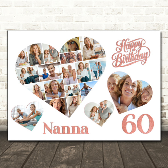 Photo Collage 60th Birthday Gift For Nanna 20-Photo Hearts Print Or Canvas