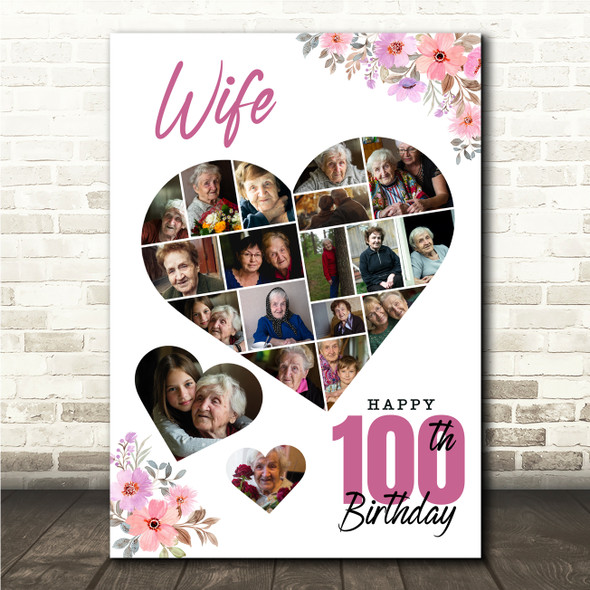 Photo Collage 100th Birthday Gift For Wife 19-Photo Floral Print Or Canvas Photo Collage 100th Birthday Gift For Wife 19-Photo Floral Print Or Canvas