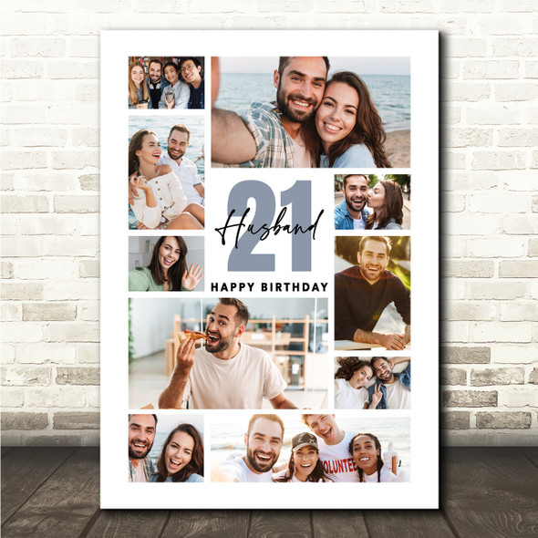 Photo Collage 21st Birthday Gift For Husband 10-Photo Blue Print Or Canvas