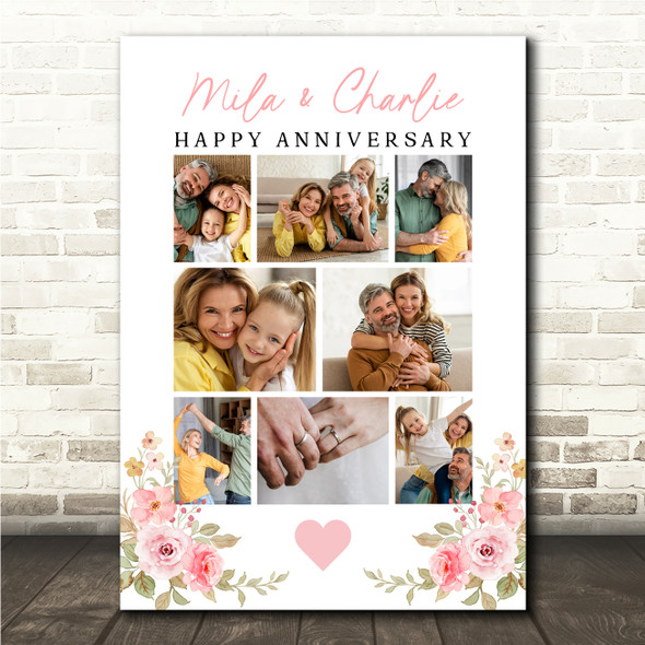 Photo Collage Wedding Anniversary Gift 8-Photo Pink Floral Print Or Canvas