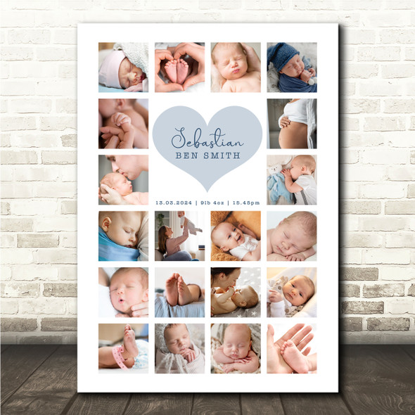 Photo Collage Personalised Gift For New Baby 20-Photo Blue Heart Print Or Canvas