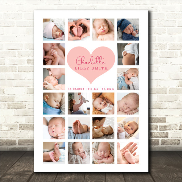 Photo Collage Personalised Gift For New Baby 20-Photo Pink Heart Print Or Canvas