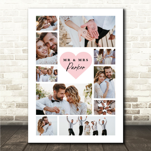 Photo Collage Wedding Personalised Gift 10-Photo Pink Heart Print Or Canvas
