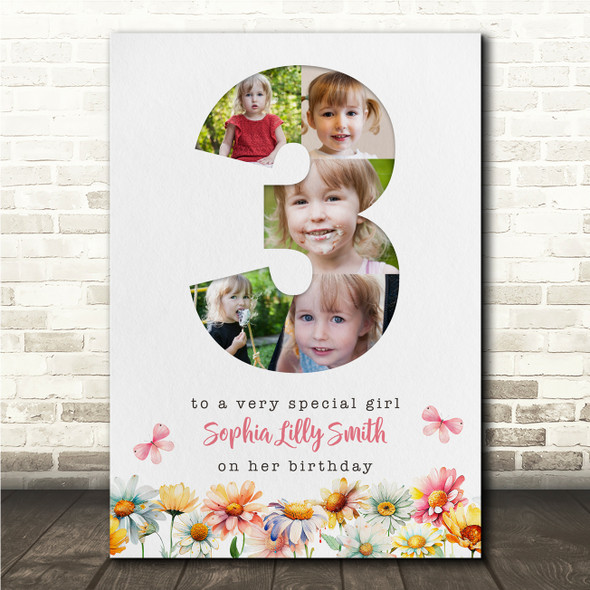 Photo Collage 5-Photo 3rd Birthday Gift For Kids Girls Floral Print Or Canvas