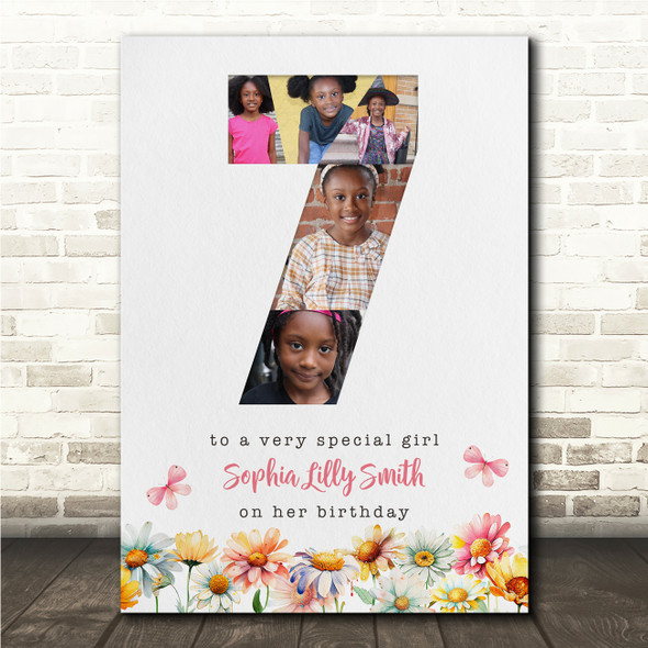 Photo Collage 5-Photo 7th Birthday Gift For Kids Girls Floral Print Or Canvas