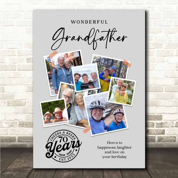 Photo Collage 70th Birthday Gift For Grandfather 7-Photo Grey Print Or Canvas